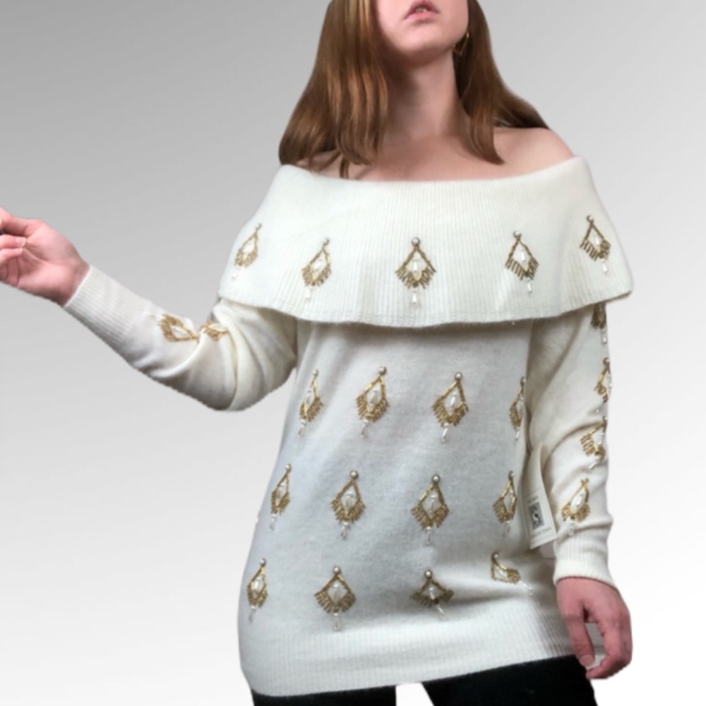 NEW Angora/Wool Beaded Cowl Neck Sweater Medium